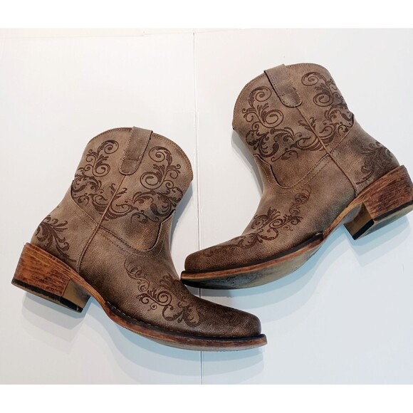 Women's Roper Short Stuff Vintage Brown Western Cowboy Boots Size 7.5 Snip Toe - Picture 3 of 7